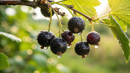 Black Currant on tree with water drop in garden, Black Currants on tree in natural warm sunlight background
