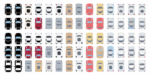 Collection of diverse car models and colors viewed from a top down perspective arranged in rows © John Lee
