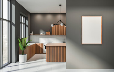 Contemporary kitchen interior with wood paneling, blank framed poster on dark wall, clean tile...