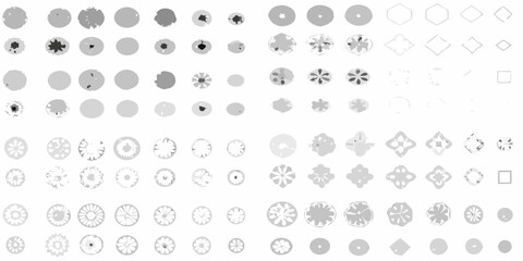 Collection of abstract circular and geometric shapes in various shades of gray and outlines