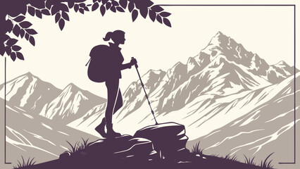 Fototapeta premium Silhouette of a hiker admiring a mountain range landscape trekking adventure travel poster design.