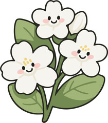 Kawaii Jasmine Flower Vector – Cute Blossoms with Smiling Faces, Green Leaves, and Blushing Cheeks Cartoon Clipart