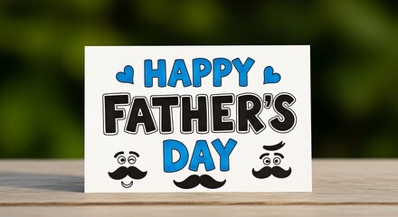 A festive and fun happy father s day card with playful mustaches and blue hearts displayed outdoors on a wooden surface