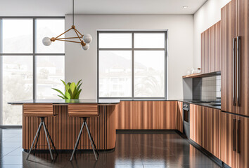 Contemporary kitchen interior with wood panel cabinets, minimalistic design style, bright window background and modern concept decor. 3D Rendering