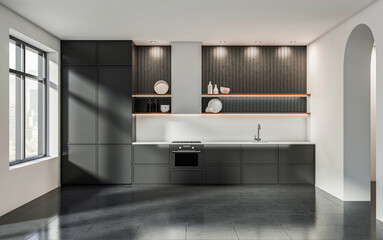 Contemporary kitchen interior with minimalist design, matte cabinetry, and decorative shelving, set against a bright modern home background. 3D Rendering
