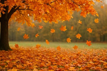 Autumn scene with golden leaves falling from a tree, creating a vibrant and picturesque landscape in the park