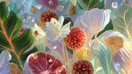 Botanical Dreamscape: A Kaleidoscope of Exotic Flora and Juicy Fruits