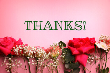 Thank you card design with flowers on pink background, top view