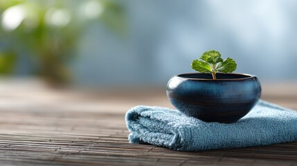 Zen Still Life with Mint Sprout in Bowl on Towel for Peaceful Moments