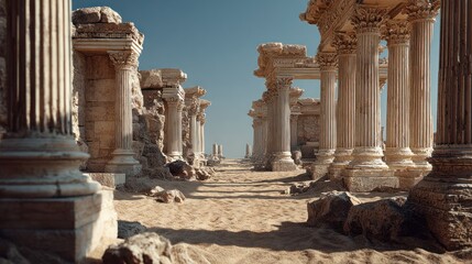 Ruins of an ancient city with columns under a clear blue sky