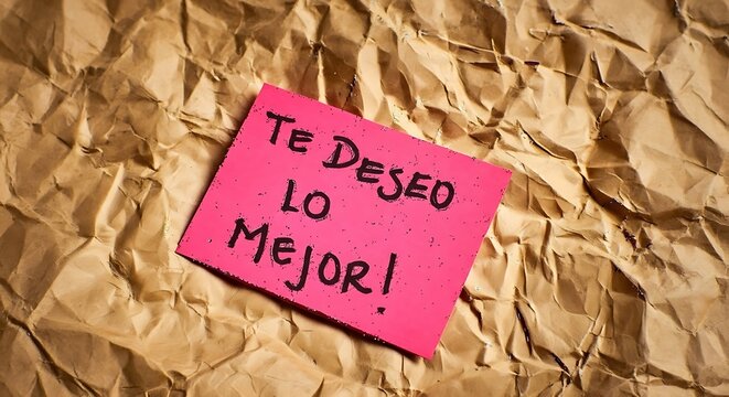 A bright pink sticky note with handwritten spanish text te deseo lo mejor wishing the best placed on a textured crumpled brown paper background
