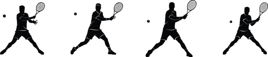 Tennis player silhouette series capturing the swing sequence dynamic action shots of a tennis athlete in motion with racquet and ball vector