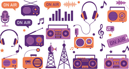 radio,broadcast,onair flat vector illustration set of different retro radios boombox headphones microphone and antenna towers