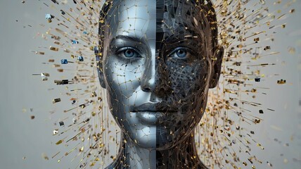 Dynamic portrait of a futuristic woman with robotic features evokes themes of technology, AI, and the blurring lines between humans and machines