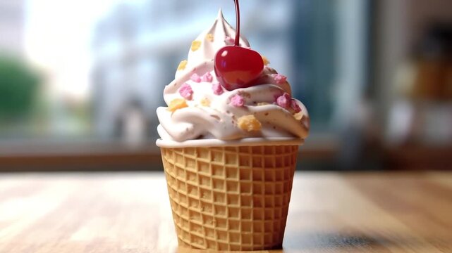 Delicious ice cream fruit lies on beautiful colorful plate on background