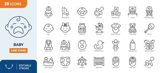 Baby icon set. Editable stroke. Vector illustration