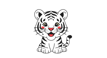 Charming cartoon depiction of a young white tiger cub sitting and smiling brightly