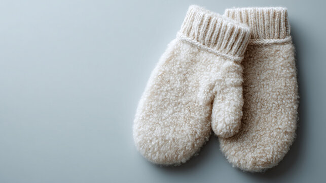 Warm cozy mittens resting on a soft gray background ready for winter activities in a chilly environment