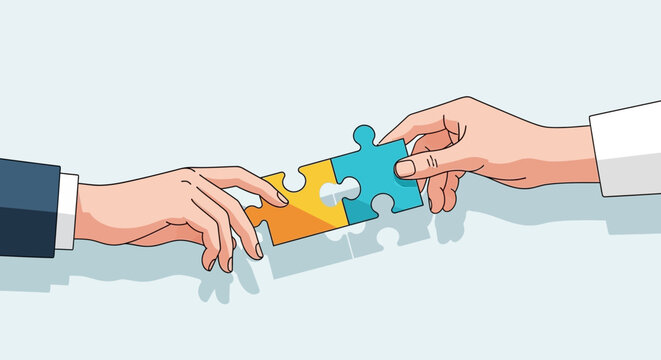 Illustration of Two Hands Connecting Colorful Puzzle Pieces Representing Collaboration and Teamwork