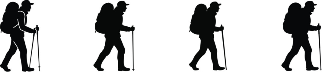 Four silhouette hikers with backpacks and trekking poles in motion sequence journey outdoor adventure vector