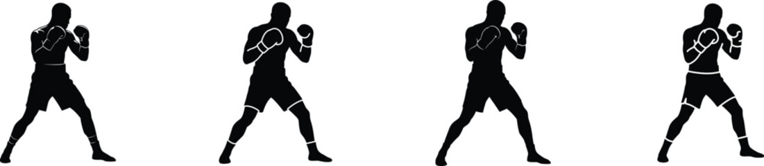 Dynamic silhouettes of a male boxer in guard stance demonstrating strength and athleticism in multiple poses vector