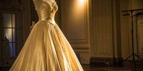 Elegant bridal gown showcasing luxury design and stunning craftsmanship in golden fabric perfect for fashion photography and formal events