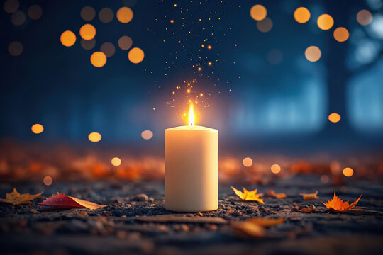 Lit white candle on ground with autumn leaves and bokeh lights in dark forest ambiance