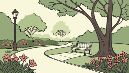 Obraz premium Serene Park Scene Winding Path Bench and Lush Greenery.