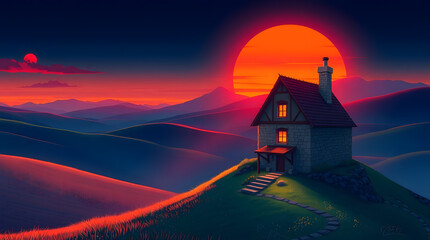 A beautiful serene landscape of a rural house on a hill with a stunning sunset backdrop and rolling hills. The artistic style captures a dreamlike quality