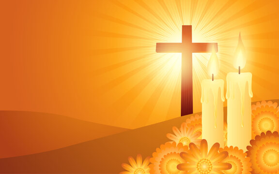 All Saints Day Background with Candles, Cross, and Glowing Light, Christian Religious Illustration - Powered by Adobe