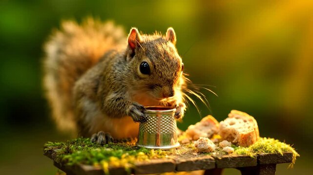 Squirrel Drinking From a Thimble on Miniature Picnic Table at Sunset