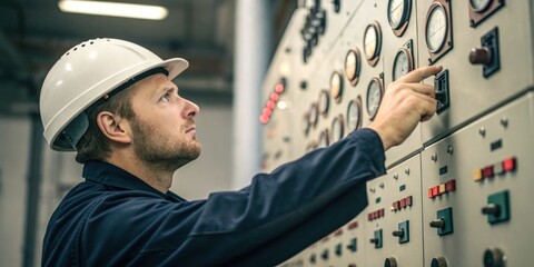 Professional technician operating industrial control panel ensuring safety and efficiency in machinery operation and maintenance for modern engineering solutions