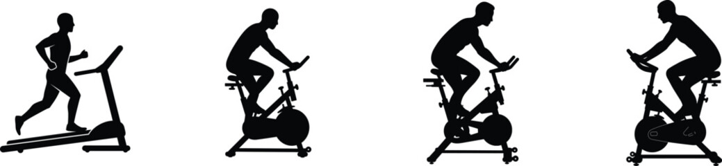 Silhouette icons of people exercising on treadmill and stationary bicycles for fitness and workout concepts vector