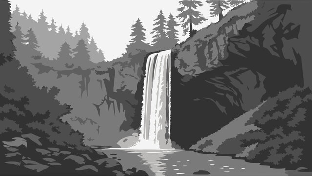 Waterfall in a Forest Monochrome Nature Illustration Scenic Landscape Design Grey Scale Cascade Nature Photography Style.