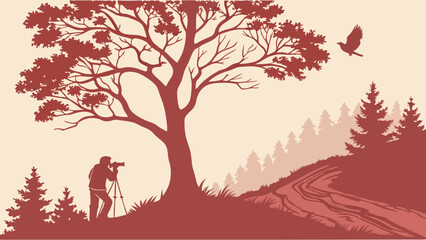 Silhouette of photographer taking pictures of nature birds and trees in a forest landscape.