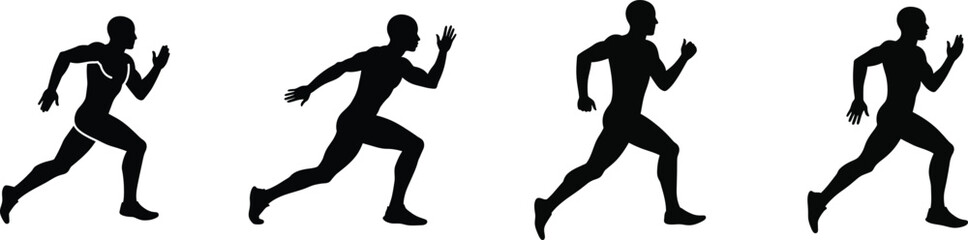 Silhouette of a male runner in dynamic motion across four sequential poses depicting speed and athleticism vector