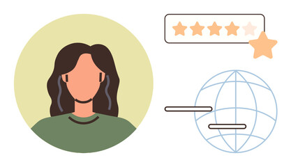 Portrait of individual with star rating bar and globe symbolizes online user reviews. Ideal for customer feedback, reputation management, satisfaction surveys, global reach, ratings, consumer