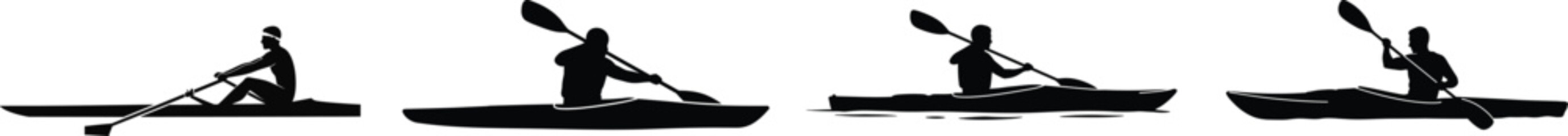 Silhouettes of a kayaker in motion demonstrating paddling techniques on water sports adventure vector