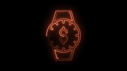 Glowing orange neon wristwatch with dollar symbol rotating on black background animation