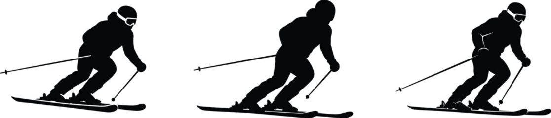 Dynamic sequence of silhouetted skiers in motion capturing the thrill of downhill skiing adventure vector