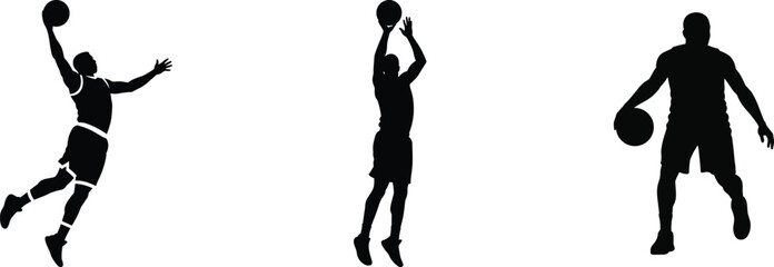 Dynamic basketball player silhouettes capturing slam dunk jump shot and dribble poses action sports vector