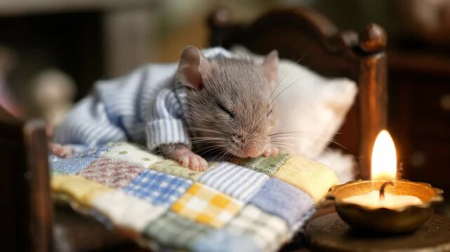 Mouse Dressed in Pajamas Peacefully Sleeping in Its Little Bed Near a Candle