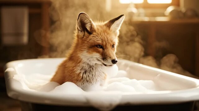 Fox Enjoys a Relaxing Bubble Bath at Sunset in the Bathroom