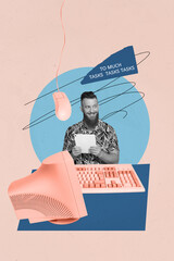 Exclusive vertical photo collage of puzzled businesswoman businessman stand pc monitor keypad mouse...