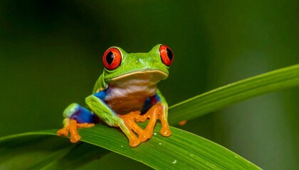 Vibrant red-eyed tree frog on leaf