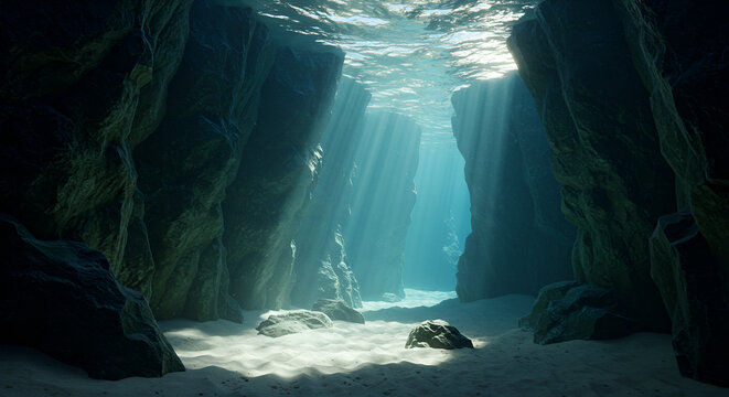 Dramatic underwater cave entrance with sunbeams piercing through the water