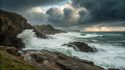 Fototapeta premium Dramatic coastal landscape with waves crashing against rocks and moody cloudy sky