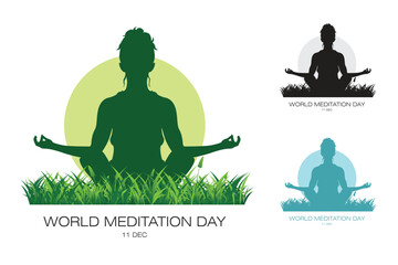 Vector illustration for World Meditation Day showing a woman sitting in lotus position silhouette with grass and circular background. Peaceful concept design promoting mindfulness and relaxation.