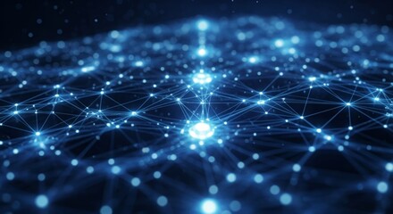 Abstract representation of a digital network web with glowing blue nodes and lines