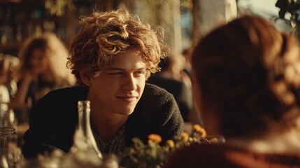 Young man with curly hair gazes affectionately at date across cafe table. Use this warm image to portray romance or candid, casual connection.